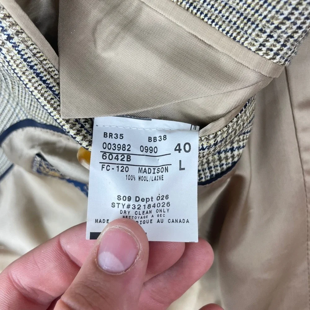 Brooks Brothers 1818 Madison Saxon Wool Glen Plaid Blazer Tan Brown 40L 32184026